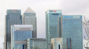 A city skyline with banks