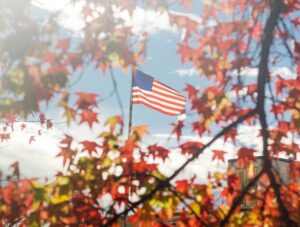 American flag through the trees